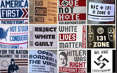 Examples of white supremacist propaganda recorded by the Anti-Defamation League in 2020. Many pieces reference American iconography or slogans. (Courtesy of the ADL)