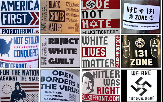 Examples of white supremacist propaganda recorded by the Anti-Defamation League in 2020. Many pieces reference American iconography or slogans. (Courtesy of the ADL) Examples of white supremacist propaganda recorded by the Anti-Defamation League in 2020. Many pieces reference American iconography or slogans. (Courtesy of the ADL)