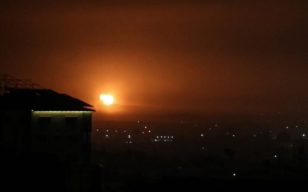 A picture taken in Rafah in the southern Gaza Strip, on April 16, 2021, shows an explosion following an airstrike by Israel, after Palestinian terrorists in the enclave fired a rocket into Israeli territory. (Said Khatib/AFP) A picture taken in Rafah in the southern Gaza Strip, on April 16, 2021, shows an explosion following an airstrike by Israel, after Palestinian terrorists in the enclave fired a rocket into Israeli territory. (Said Khatib/AFP)