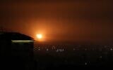 A picture taken in Rafah in the southern Gaza Strip, on April 16, 2021, shows an explosion following an airstrike by Israel, after Palestinian terrorists in the enclave fired a rocket into Israeli territory. (Said Khatib/AFP)