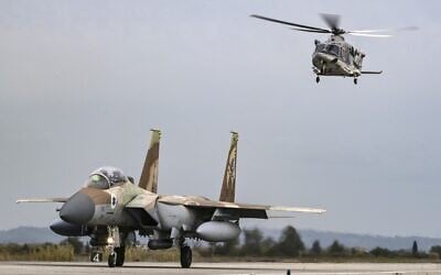 An Israeli F-15 military jet taxis along the airstrip of the military airport of Andravida in southern Greece, as part of the Hellenic Air Force's 'INIOCHOS 2021' multinational aviation exercise on April 18, 2021. (ARIS MESSINIS / AFP)