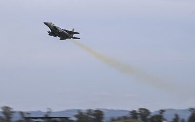 An Israeli F-15 military jet takes off from the military airport of Andravida in southern Greece, as part of the Hellenic Air Force's 'INIOCHOS 2021' multinational aviation exercise on April 18, 2021. (ARIS MESSINIS / AFP)