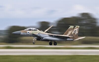 An Israeli F-15 military jet taxis along the airstrip of the military airport of Andravida in southern Greece, as part of the Hellenic Air Force's 'INIOCHOS 2021' multinational aviation exercise on April 18, 2021. (ARIS MESSINIS / AFP)