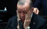 Turkish President and leader of Justice and Development (AK) Party Recep Tayyip Erdogan speaks during his ruling AK Party's group meeting at the Grand National Assembly of Turkey (GNAT), in Ankara, on April 21, 2021. (Adem ALTAN / AFP)