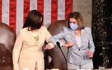 US Vice President Kamala Harris (L) greets House Speaker Nancy Pelosi (D-CA) ahead of US President Joe Biden addressing a joint session of Congress at the US Capitol in Washington, DC, on April 28, 2021. (Chip Somodevilla / POOL / AFP)