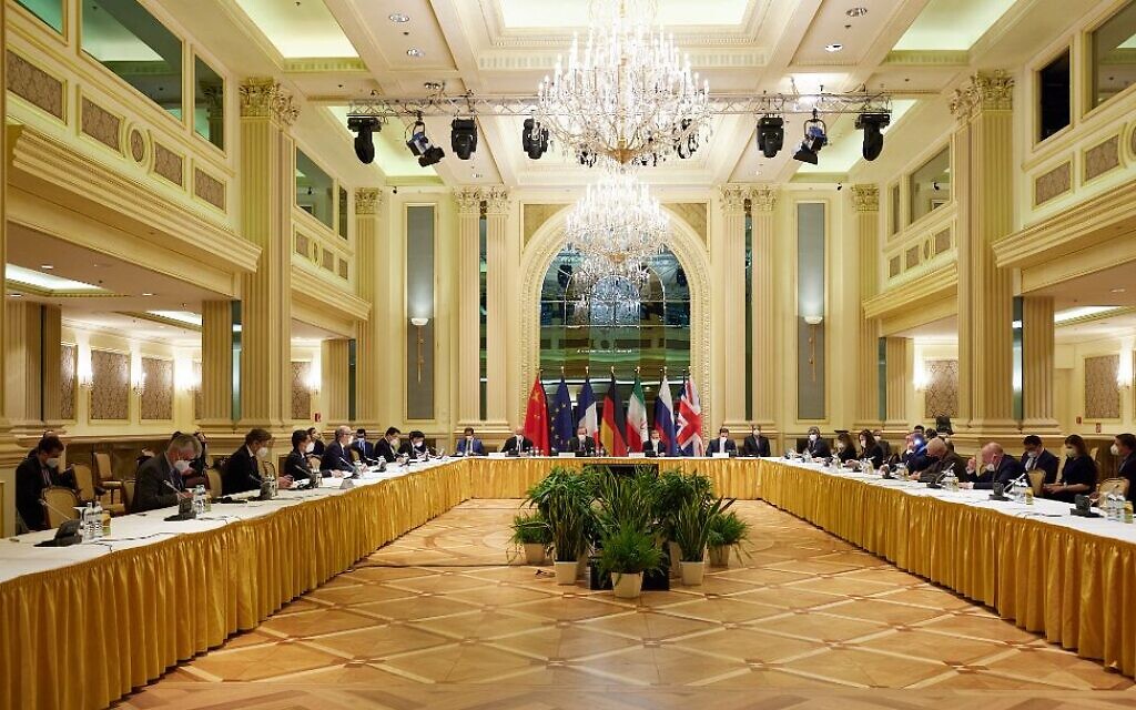 In this handout provided by the EU Delegation in Vienna, representatives of the European Union, Iran and others attend the Iran nuclear talks at the Grand Hotel in the Austrian capital, April 15, 2021. (EU Delegation in Vienna via Getty Images, JTA) In this handout provided by the EU Delegation in Vienna, representatives of the European Union, Iran and others attend the Iran nuclear talks at the Grand Hotel in the Austrian capital, April 15, 2021. (EU Delegation in Vienna via Getty Images, JTA)