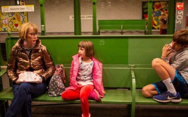Laura Moser and her children on a train in Berlin, November 25, 2019. The family was exploring a move it would eventually make. (Courtesy of Moser/ via JTA)