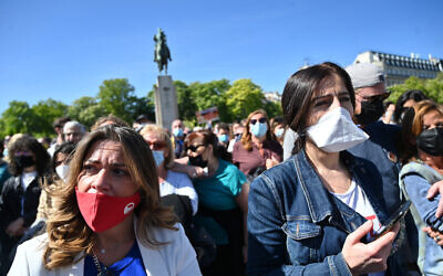 Some of the protesters at the Justice for Sarah Halimi rally in Paris, April 25, 2021. (Cnaan Liphshiz/ JTA)