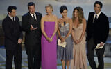 The cast of sitcom 'Friends,' from left, Matt LeBlanc, Matthew Perry, Lisa Kudrow, Courteney Cox Arquette, Jennifer Aniston and David Schwimmer appear during the 54th Annual Primetime Emmy Awards at the Shrine Auditorium in Los Angeles, September 22, 2002. (Kevork Djansezian/AP)