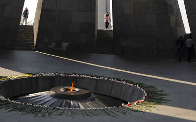 A view inside the Tzitzernakaberd memorial to the victims of mass killings by Ottoman Turks, in the Armenian capital Yerevan, Armenia, Oct. 30, 2019  (AP Photo/Hakob Berberyan)