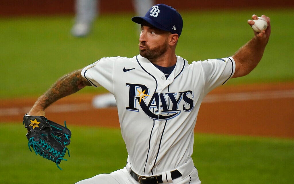 Tampa Bay Rays relief pitcher Ryan Sherriff throws against the Los Angeles Dodgers during the seventh inning in Game 3 of the baseball World Series, October 23, 2020, in Arlington, Texas. (AP Photo/Eric Gay)