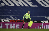 Assistant referee Sian Massey-Ellis during the English Premier League soccer match between West Bromwich Albion and Manchester City at the Hawthorns stadium in West Bromwich, England, January 26, 2021. (Nick Potts/Pool via AP)