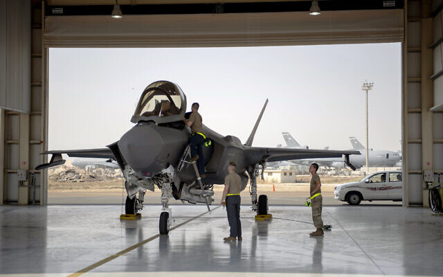 Illustrative: An F-35 fighter jet pilot and crew prepare for a mission at Al-Dhafra Air Base in the United Arab Emirates, August 5, 2019. (Staff Sgt. Chris Thornbury/US Air Force via AP) Illustrative: An F-35 fighter jet pilot and crew prepare for a mission at Al-Dhafra Air Base in the United Arab Emirates, August 5, 2019. (Staff Sgt. Chris Thornbury/US Air Force via AP)