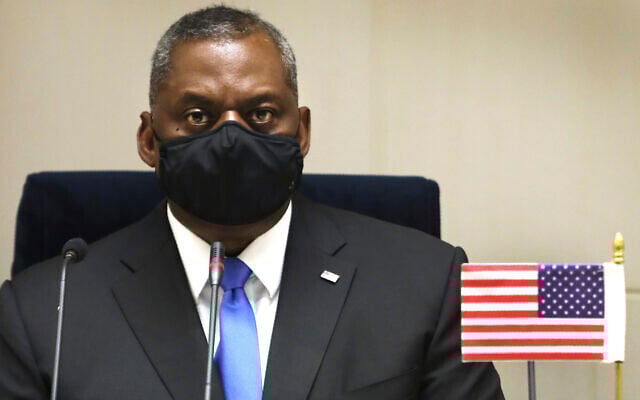 US Defense Secretary Lloyd Austin listens as his Indian counterpart reads out a press statement in New Delhi, India, March 20, 2021. (AP Photo/Manish Swarup)