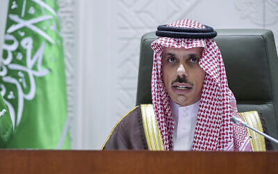 In this photo provided by the Saudi Press Agency, Saudi Foreign Minister Prince Faisal bin Farhan speaks during a news conference in Riyadh, Saudi Arabia, Monday, March 22, 2021. (SPA via AP)