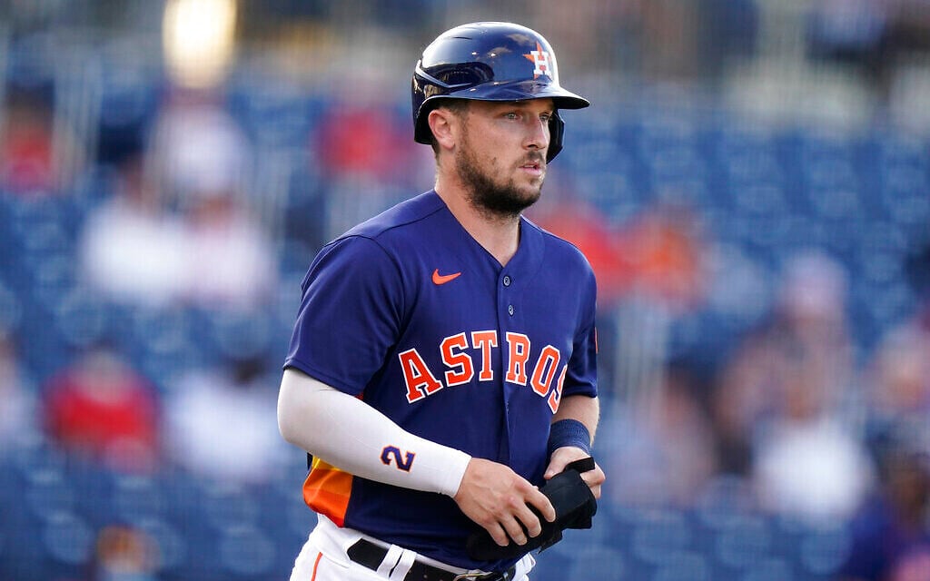 Houston Astros' Alex Bregman draws a walk during the second inning of a spring training baseball game against the St. Louis Cardinals, March 25, 2021, in West Palm Beach, Florida. (AP Photo/Lynne Sladky)