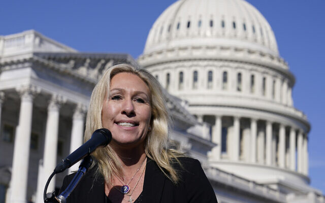 In this Feb. 5, 2021 file photo, Rep. Marjorie Taylor Greene, R-Ga., speaks during a news conference on Capitol Hill in Washington. AP Photo/Susan Walsh, File) In this Feb. 5, 2021 file photo, Rep. Marjorie Taylor Greene, R-Ga., speaks during a news conference on Capitol Hill in Washington. AP Photo/Susan Walsh, File)