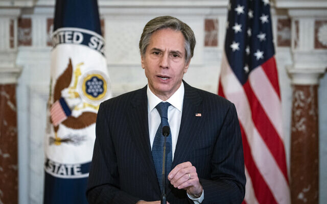 US Secretary of State Antony Blinken at the State Department in Washington, April 5, 2021. (Al Drago/Pool via AP) US Secretary of State Antony Blinken at the State Department in Washington, April 5, 2021. (Al Drago/Pool via AP)