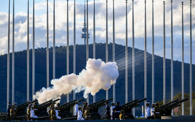 The Australian Federation Guard fire a 41 gun salute to mark the passing of Prince Philip on the forecourt of Parliament House, in Canberra, Australia, Saturday, April 10, 2021. (Lukas Coch/AAP Image via AP) The Australian Federation Guard fire a 41 gun salute to mark the passing of Prince Philip on the forecourt of Parliament House, in Canberra, Australia, Saturday, April 10, 2021. (Lukas Coch/AAP Image via AP)