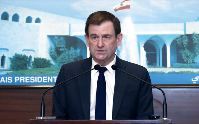 US Undersecretary of State for Political Affairs David Hale, speaks after meeting with Lebanese President Michel Aoun, at the presidential palace, in Baabda, east of Beirut, Lebanon on April 15, 2021. (Dalati Nohra/Lebanese Official Government via AP) US Undersecretary of State for Political Affairs David Hale, speaks after meeting with Lebanese President Michel Aoun, at the presidential palace, in Baabda, east of Beirut, Lebanon on April 15, 2021. (Dalati Nohra/Lebanese Official Government via AP)