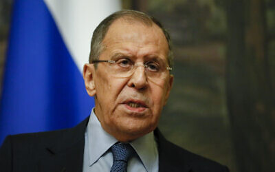 Russian Foreign Minister Sergey Lavrov speaks to the media during his and Serbia's Foreign Minister Nikola Selakovic joint news conference following their talks in Moscow, Russia, April 16, 2021. (Yuri Kochetkov/Pool Photo via AP)