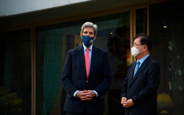 In this photo provided by the US Embassy in Seoul, US Special Presidential Envoy for Climate John Kerry, left, talks with South Korean Foreign Minister Chung Eui-yong upon his arrival for the banquet at the Foreign Minister's residence in Seoul, South Korea on April 17, 2021. (US Embassy Seoul via AP) In this photo provided by the US Embassy in Seoul, US Special Presidential Envoy for Climate John Kerry, left, talks with South Korean Foreign Minister Chung Eui-yong upon his arrival for the banquet at the Foreign Minister's residence in Seoul, South Korea on April 17, 2021. (US Embassy Seoul via AP)
