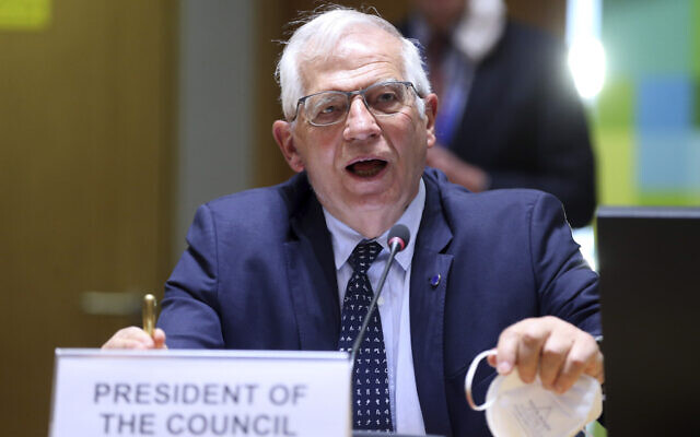 European Union foreign policy chief Josep Borrell speaks as he attends a meeting of EU foreign ministers to discuss the situation in Ukraine, at the European Council building in Brussels, on April 19, 2021. (Francois Walschaerts, Pool via AP)