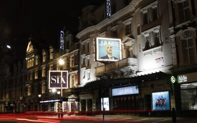 A general view of the exterior of the Apollo Theater in London, Thursday, April 8, 2021, which is preparing to continue its run of the musical 'Everybody's Talking About Jamie' (AP Photo/Alastair Grant)