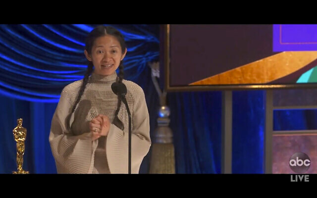 In this video image provided by ABC, Chloe Zhao accepts the award for best director for "Nomadland" at the Oscars on Sunday, April 25, 2021. (ABC via AP) In this video image provided by ABC, Chloe Zhao accepts the award for best director for "Nomadland" at the Oscars on Sunday, April 25, 2021. (ABC via AP)