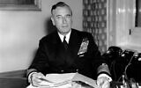 In this April 22, 1955 file photo, British Admiral Earl Louis Mountbatten sits at his desk in full uniform for the first time at the Admirality in London.   (AP Photo, File)
