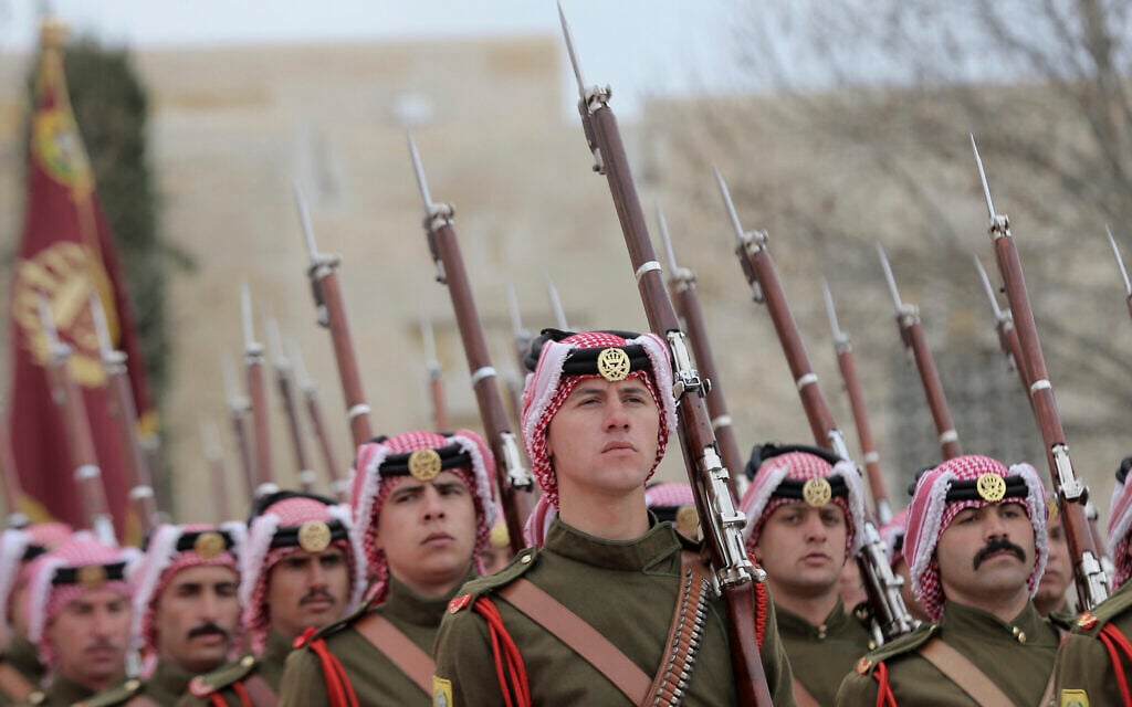 Illustrative: A Jordanian honor guard stands for review at the Royal Palace, in Amman, Jordan, March 2, 2020. (AP Photo/Raad Adayleh) Illustrative: A Jordanian honor guard stands for review at the Royal Palace, in Amman, Jordan, March 2, 2020. (AP Photo/Raad Adayleh)