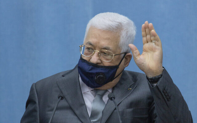 Palestinian President Mahmoud Abbas wears a mask upon his arriving to head the Palestinian leadership meeting at his headquarters, in the West Bank city of Ramallah, on May 7, 2020. (AP Photo/Nasser Nasser, Pool) Palestinian President Mahmoud Abbas wears a mask upon his arriving to head the Palestinian leadership meeting at his headquarters, in the West Bank city of Ramallah, on May 7, 2020. (AP Photo/Nasser Nasser, Pool)