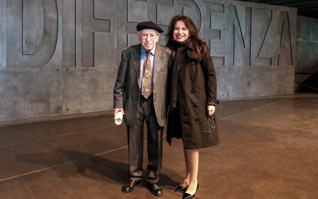 Anita Winter with Holocaust survivor Fishel Rabinowicz at the opening of the Foundation's 'Last Swiss Holocaust Survivors' exhibit at the Shoah Memorial in Milan, Italy, May 2019. (Courtesy)