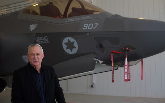 Defense Minister Benny Gantz stands in front of an F-35 fighter jet at the Nevatim air base on April 12, 2021. (Judah Ari Gross/Times of Israel) Defense Minister Benny Gantz stands in front of an F-35 fighter jet at the Nevatim air base on April 12, 2021. (Judah Ari Gross/Times of Israel)