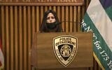 Screen capture from video of Devorah Halberstam, a Hasidic woman whose son Ari was killed in a terrorist attack in New York City in 1994, speaking at a news conference in Manhattan announcing a new police task force on identifying hate crimes, April 19, 2021. (YouTube)