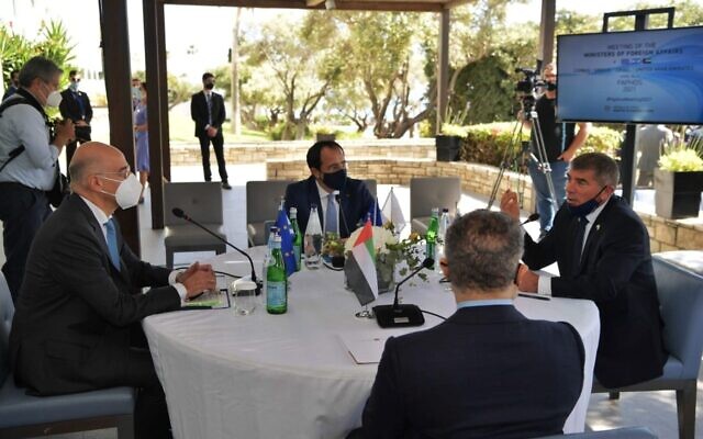 Foreign Minister Gabi Ashkenazi (right) meets with top diplomats from Greece, Cyprus and the United Arab Emirates in Paphos, Cyprus, on April 16, 2021 (Courtesy) Foreign Minister Gabi Ashkenazi (right) meets with top diplomats from Greece, Cyprus and the United Arab Emirates in Paphos, Cyprus, on April 16, 2021 (Courtesy)