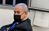 Prime Minister Benjamin Netanyahu at a hearing at the Jerusalem District Court on February 8, 2021. (Reuven Kastro/POOLFlash90)