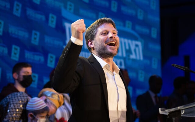 Religious Zionism party leader Bezalel Smotrich at the party headquarters in Modi'in, on elections night, March 23, 2021. (Sraya Diamant/Flash90) Religious Zionism party leader Bezalel Smotrich at the party headquarters in Modi'in, on elections night, March 23, 2021. (Sraya Diamant/Flash90)