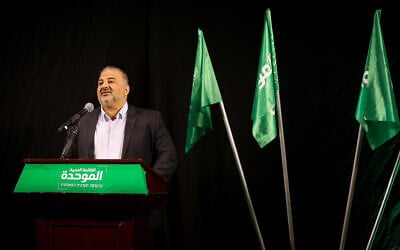 Ra'am leader Mansour Abbas gives a speech in the northern city of Nazareth, on April 1, 2021. (David Cohen/Flash90) Ra'am leader Mansour Abbas gives a speech in the northern city of Nazareth, on April 1, 2021. (David Cohen/Flash90)