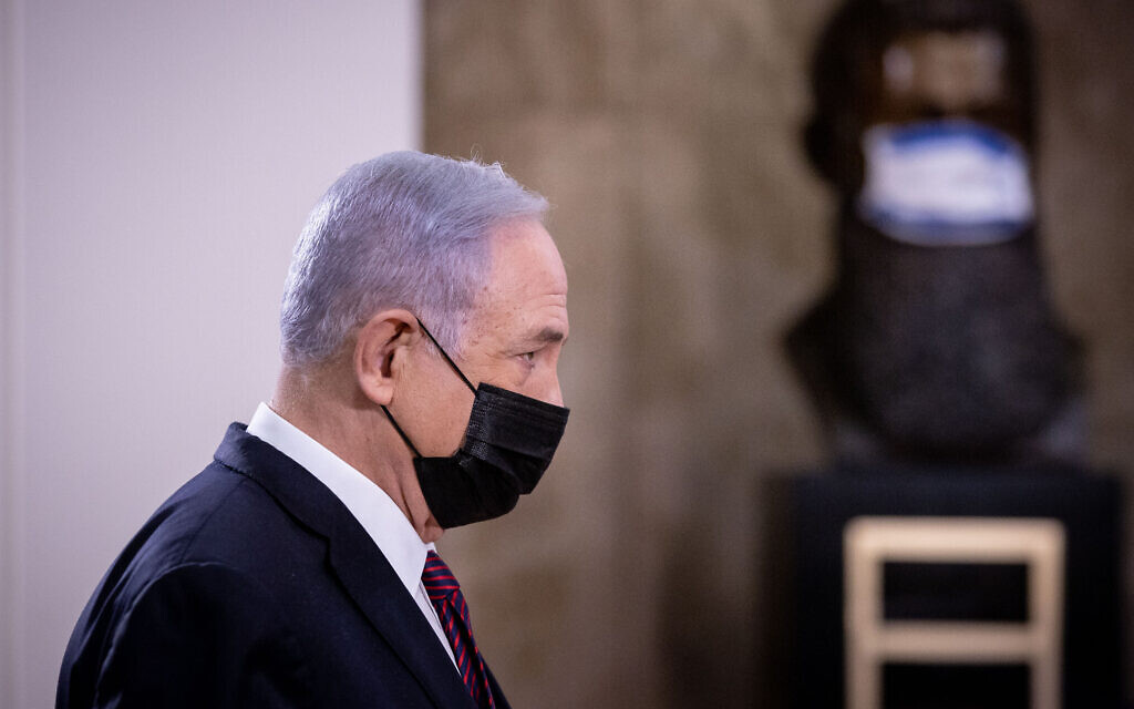 Prime Minister Benjamin Netanyahu at the Prime Minister's Office in Jerusalem on April 12, 2021, before a meeting with US Secretary of Defense Lloyd Austin. (Yonatan Sindel/Flash90)