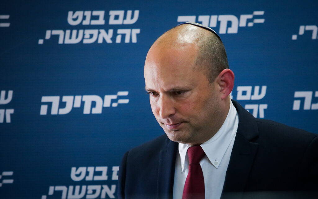 Prime Minister Naftali Bennett speaks during a faction meeting at the Knesset in Jerusalem on April 12, 2021. (Yonatan Sindel/Flash90) Prime Minister Naftali Bennett speaks during a faction meeting at the Knesset in Jerusalem on April 12, 2021. (Yonatan Sindel/Flash90)