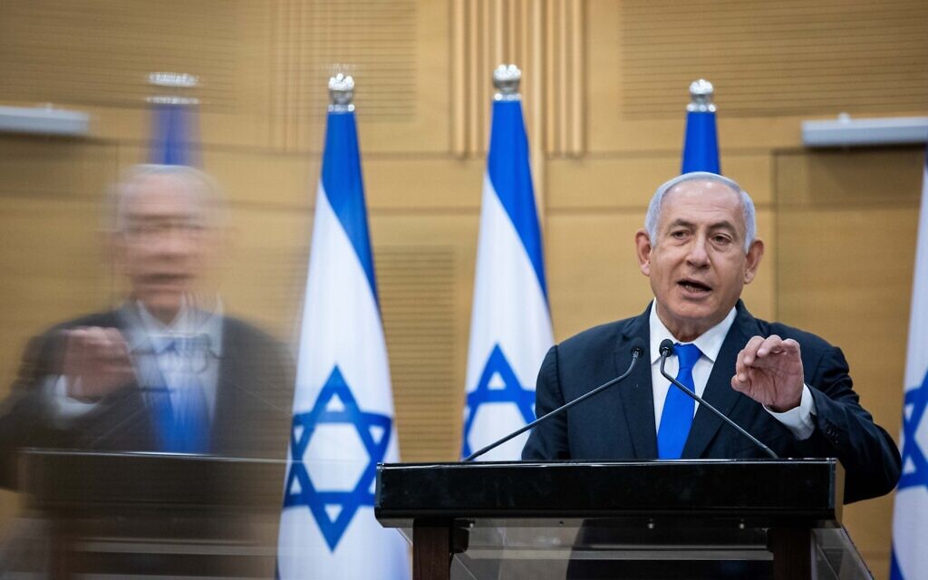 Prime Minister Benjamin Netanyahu at a press conference at the Knesset in Jerusalem on April 21, 2021. (Yonatan Sindel/Flash90) Prime Minister Benjamin Netanyahu at a press conference at the Knesset in Jerusalem on April 21, 2021. (Yonatan Sindel/Flash90)
