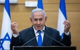 Prime Minister Benjamin Netanyahu speaks at a press conference at the Knesset, in Jerusalem on April 21, 2021. (Yonatan Sindel/Flash90)