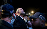 Public Security Minister Amir Ohana at the lighting of a bonfire during the celebrations of the Jewish holiday of Lag Baomer on Mt. Meron in northern Israel on April 29, 2021. (David Cohen/Flash90)