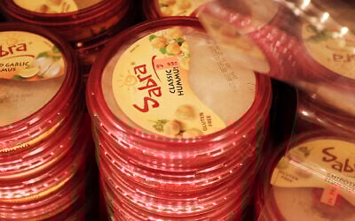 Illustrative: Cases of Sabra hummus seen in 2015. (Spencer Platt/Getty Images via JTA)