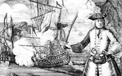 An 18th-century depiction of Henry Every, with the Fancy shown engaging its prey in the background (Wikipedia / Public Domain)