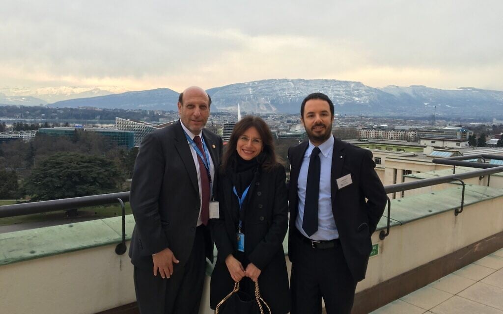 Anita Winter on the roof of the UN in Geneva with a B'nai Brith delegation. (Courtesy)