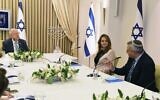 President Reuven Rivlin (L) meets with representatives from the New Hope party for consultations about who should form a new government, at the President's Residence in Jerusalem, April 5, 2021. (Mark Neyman.GPO)