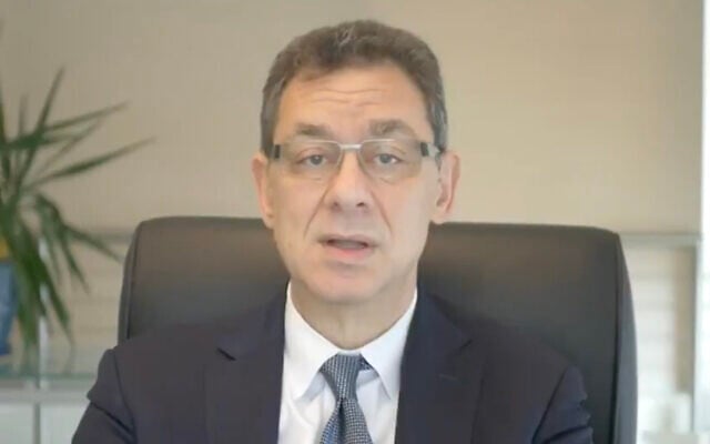 Pfizer CEO Albert Bourla in a video statement shown during Israel's Independence Day ceremony at Mount Herzl in Jerusalem on April 14, 2021. (Screen capture: Twitter) Pfizer CEO Albert Bourla in a video statement shown during Israel's Independence Day ceremony at Mount Herzl in Jerusalem on April 14, 2021. (Screen capture: Twitter)