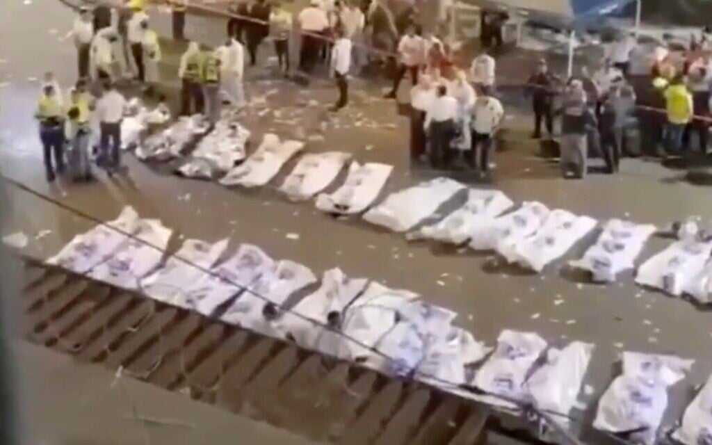 Bodybags at the scene of the Mount Meron disaster, April 30, 2021 (Screenshot)